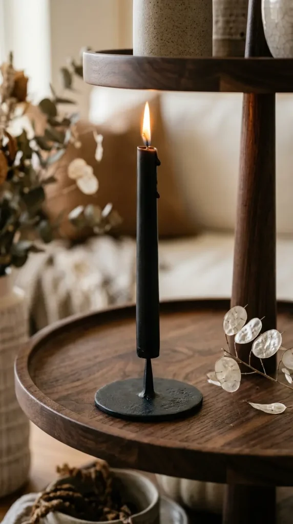 16 Halloween Tiered Tray Ideas Neutral Sophisticated Style 4 4. The Slim Black Taper in Iron Spike Holder