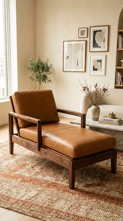 24 Chaise Lounge Modern Leather Statement Living Room 4 4. The Tan Leather Chaise with Walnut Frame