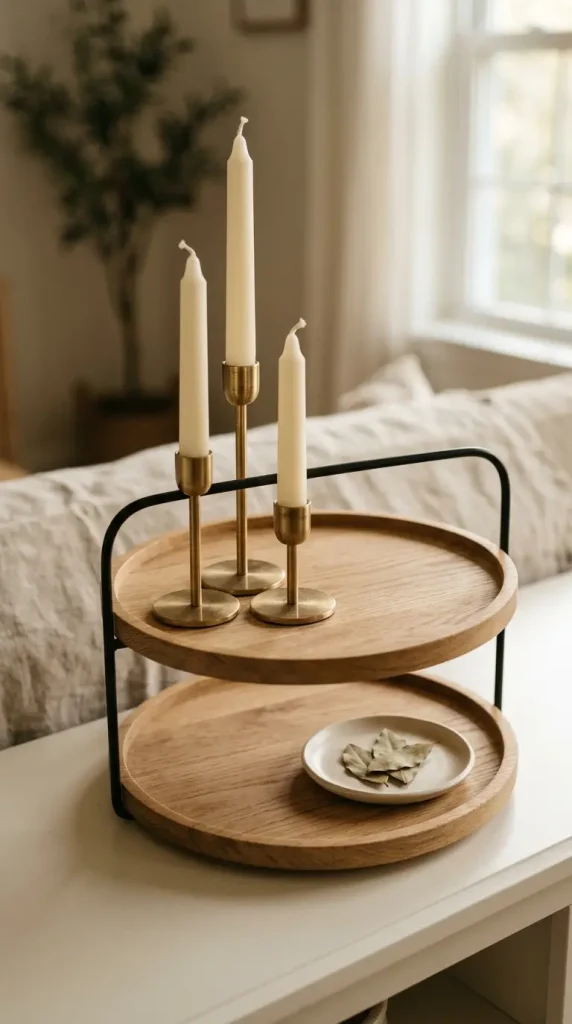 13 Neutral Fall Decor Ideas for Tiered Tray Vignette Style 4 4. The Taper Candle and Brass Vessel Tier