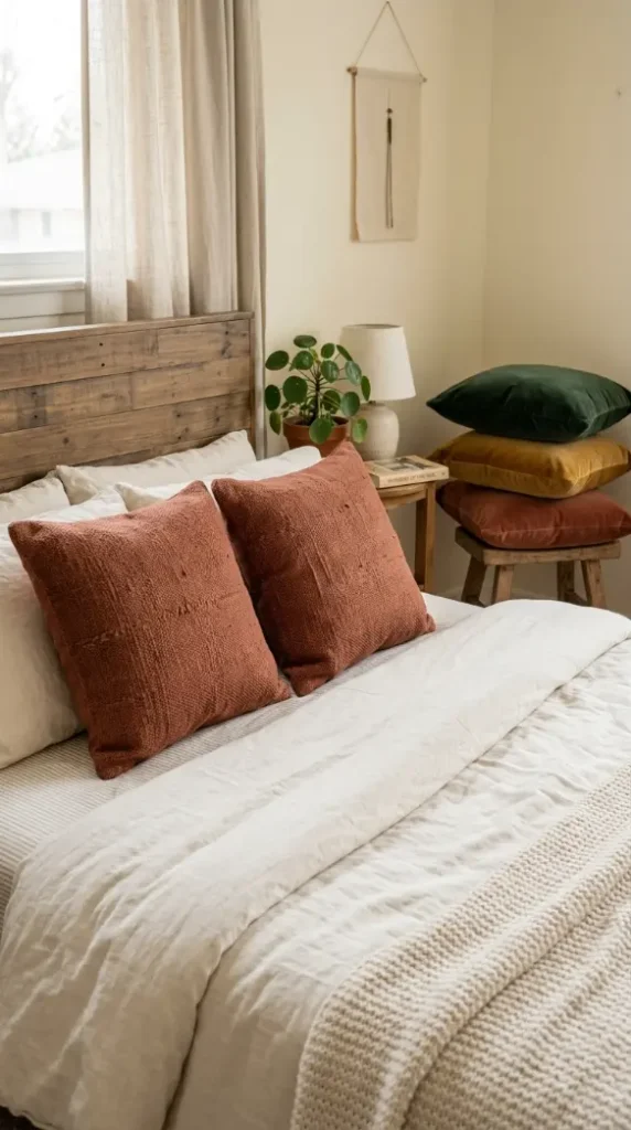 13 Late Summer Bedroom Textile Swap Declutter Refresh 4 4. Velvet Throw Pillows Swapped for Woven Cotton Covers