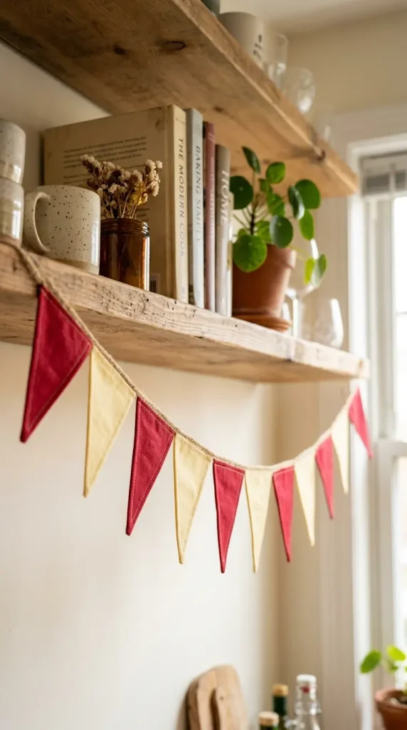 15 Nostalgic Open Shelf Dopamine Kitchen Display Ideas 4 4. Vintage Bunting Strung Along the Shelf Edge