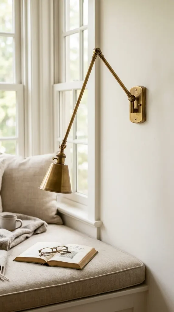 17 Cozy Reading Corners Built-In Window Seat Timeless 5 5. A Brass Swing Arm Sconce Beside the Seat