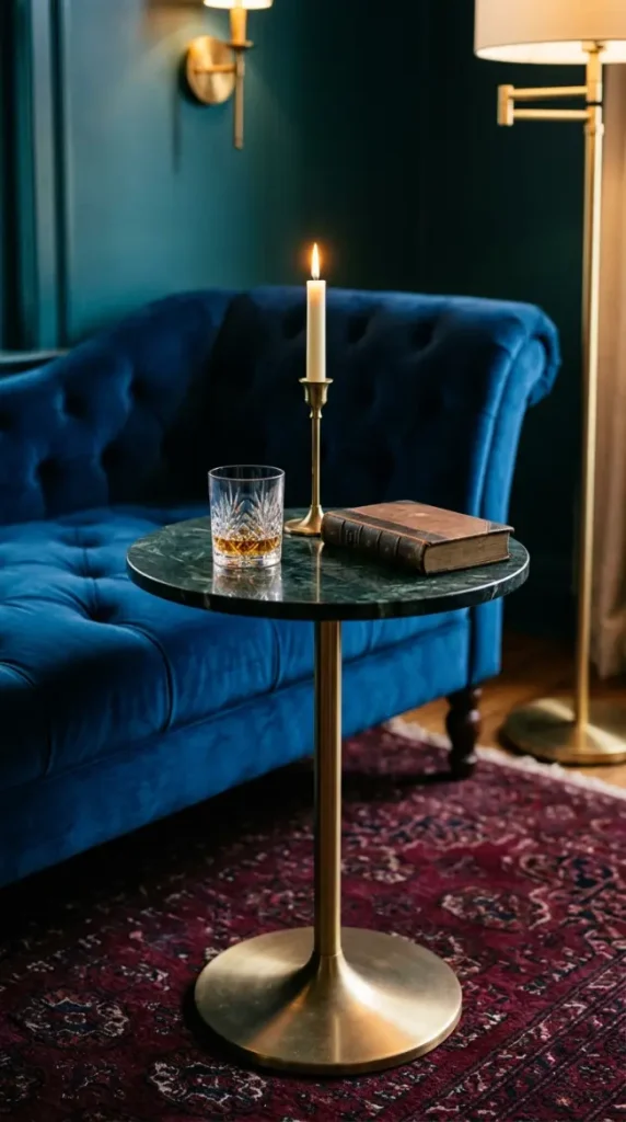 10 Chaise Lounge Velvet Jewel Tone Sapphire Blue Style 5 5. A Brushed Brass Side Table Beside the Chaise