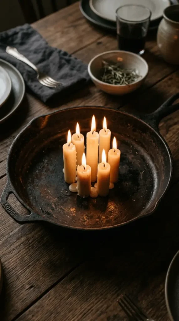 14 Moody Centerpiece Ideas for an Effortless Table 5 5. A Cast Iron Skillet Repurposed as a Low Candle Tray