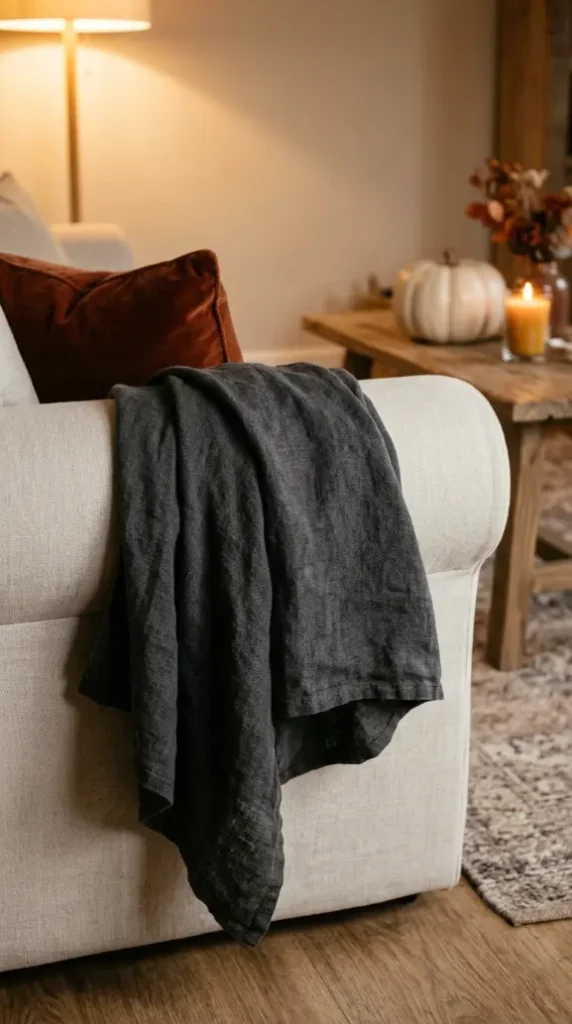 14 Chic Neutral Halloween Decor Ideas Living Room Style 5 5. A Charcoal Linen Throw Draped on the Sofa