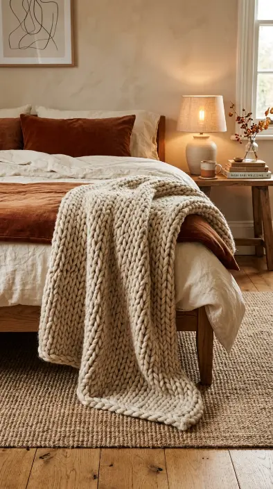 15 Small Space Fall Decorating Ideas Bedroom Corner Style 5 5. A Chunky Knit Throw Over the Bed Foot