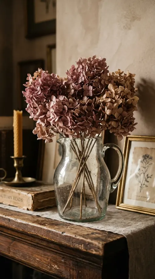 18 Collected Fall Mantel Styling Ideas That Feel Easy 5 5. A Cluster of Dried Hydrangea Stems in a Thrifted Jug