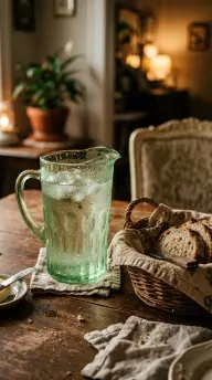 15 Vintage Glassware Ideas for an Eclectic Table 5 5. A Depression-Glass Pitcher Sweating Beside the Bread Basket