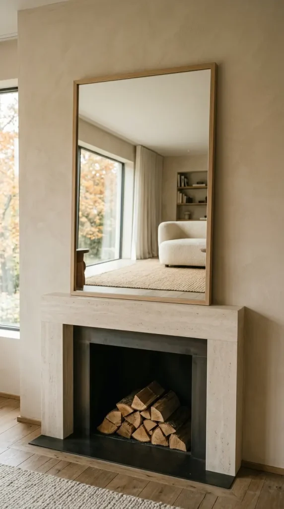 14 Fall Mantel Decor Ideas for a Quiet Luxury Neutral Look 5 5. A Leaning Oversized Mirror as the Mantel Backdrop