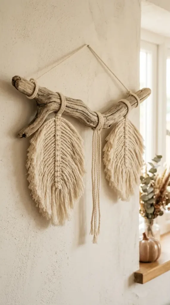 13 DIY Fall Home Decor Project Macramé Leaf Wall Hanging 5 5. A Macramé Leaf With Driftwood Mount