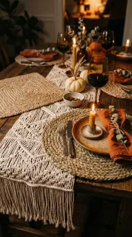 17 Boho Eclectic Centerpiece for Thanksgiving 5 5. A Macramé Table Runner Layered Beneath Woven Placemats