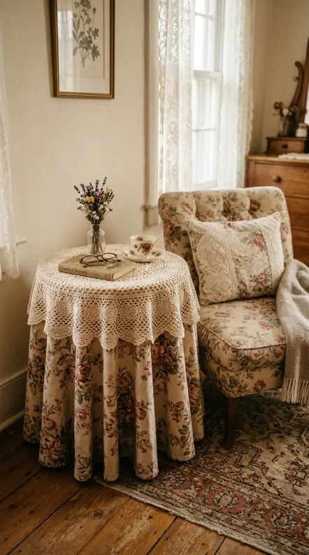 19 Reading Chair in Bedroom Vintage Floral Slipper Corner 5 5. A Round Skirted Side Table With a Lace Cloth