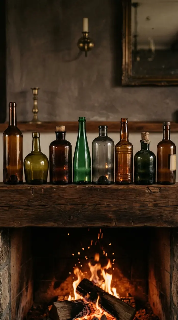 16 Moody Fall Fireplace Ideas for a Cozy Sanctuary 5 5. A Row of Dark Glass Bottles Catching Firelight on the Mantel