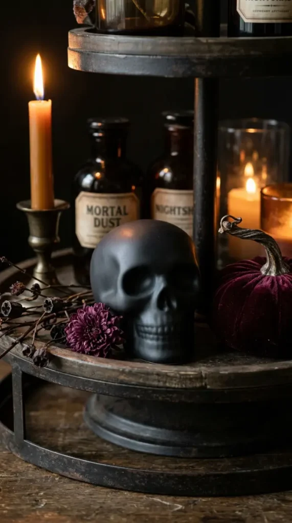 15 Halloween Tiered Tray Ideas Elegant Dark Moody Style 5 5. A Small Matte Black Skull With Deep Eye Sockets