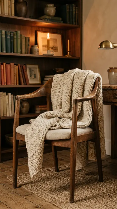 18 Cozy Office Aesthetic Candlelight Bookshelf Warm Style 5 5. A Wool Throw Draped Over the Chair Back