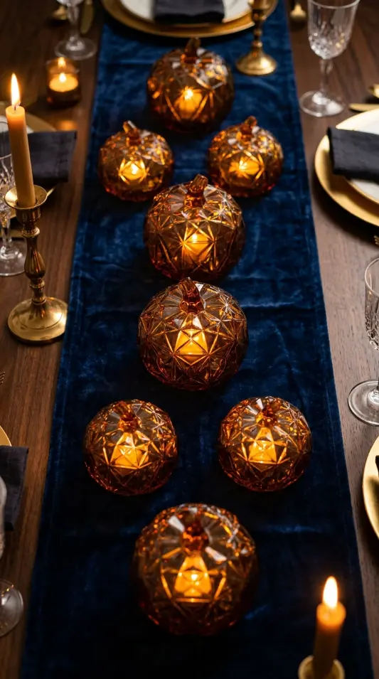 13 Blue and Orange Thanksgiving Table Ideas to Save 5 5. Art Deco Midnight Velvet and Amber Glass Geometry