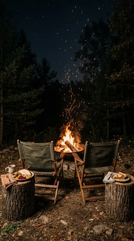 13 Romantic Thanksgiving Table for Two Date Night Idea 5 5. Backyard Bonfire Dinner With Camp Chairs