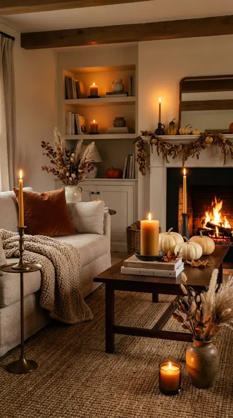 14 Fall Home Decor Ideas Warm Neutral Living Room Style 5 5. Beeswax Candles at Multiple Heights Throughout the Room