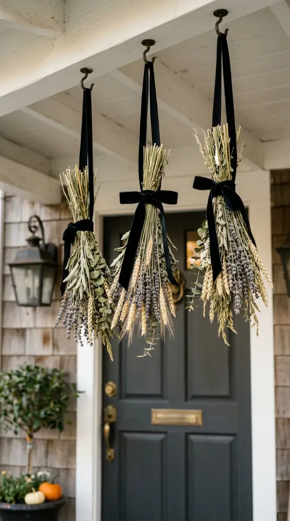 12 Neutral Halloween Decor Ideas for a Chic Front Porch 5 5. Black Velvet Ribbon Tied Dried Botanical Bundles Hanging From Porch Ceiling