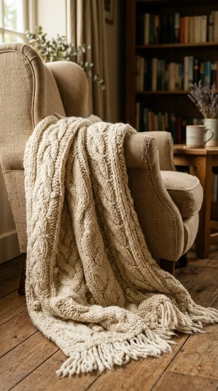 13 Light Linen Wingback Reading Chair Bookshelf Corner 5 5. Chunky Knit Throw Draped Over the Arm
