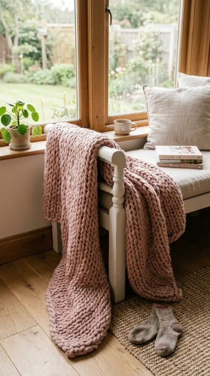 14 Curtained Window Reading Nook Soft Dreamy Corner Ideas 5 5. Chunky Knit Throw Draped Over the Seats Arm