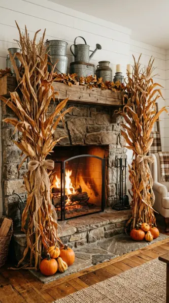 12 Rustic Fall Decorating Ideas Farmhouse Living Room 5 5. Corn Stalks and Bundles as Dramatic Vertical Accents