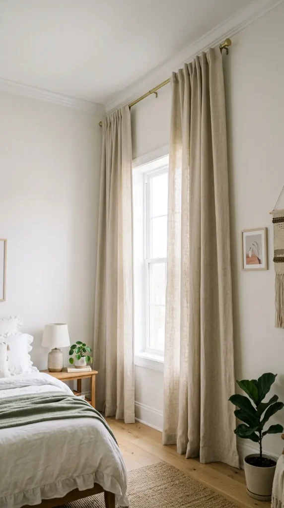 17 Small Bedroom Declutter Ideas for a Spacious Feel 5 5. Curtains Hung Close to the Ceiling Line