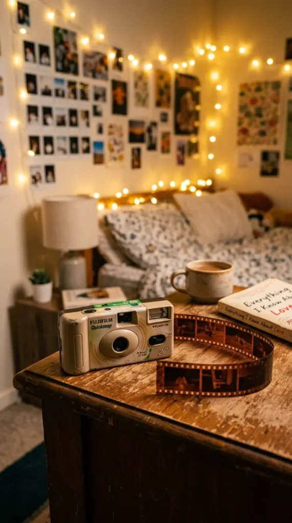 15 Romanticizing My Room Small Space Fairy Light Canopy Ideas 5 5. Disposable Camera and Film Strips on the Nightstand