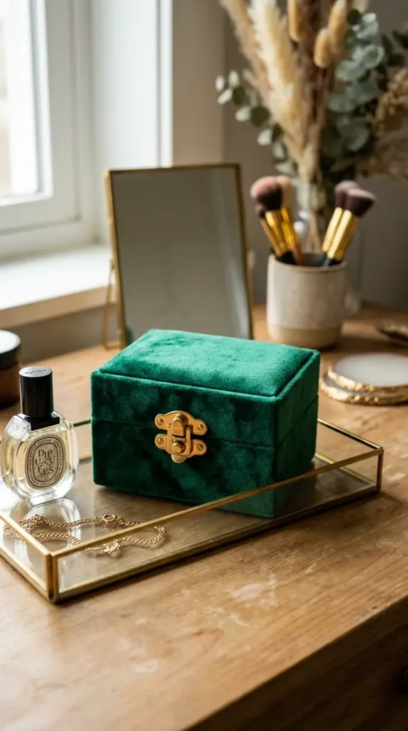 17 Jewel Tone Vanity Styling Ideas With Rich Color 5 5. Emerald Green Velvet Ring Box With a Brass Clasp
