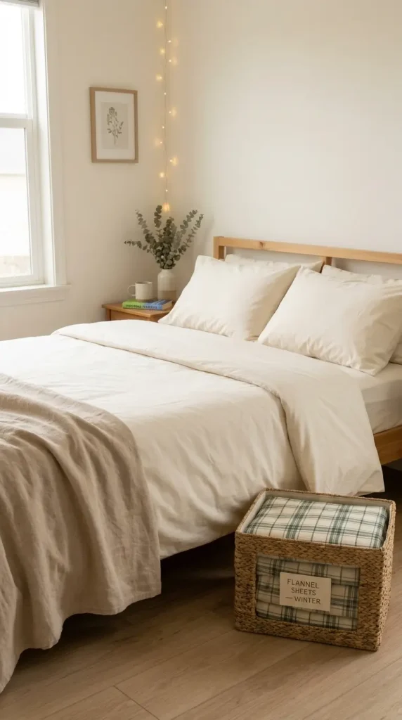 13 Late Summer Bedroom Textile Swap Declutter Refresh 5 5. Flannel Sheets Packed Away for Crisp Percale