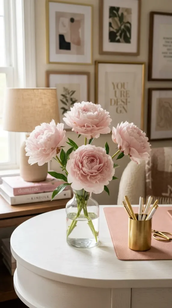 12 Home Office Ideas for Women Blush Gallery Wall Curved 5 5. Fresh Peonies on the Desk