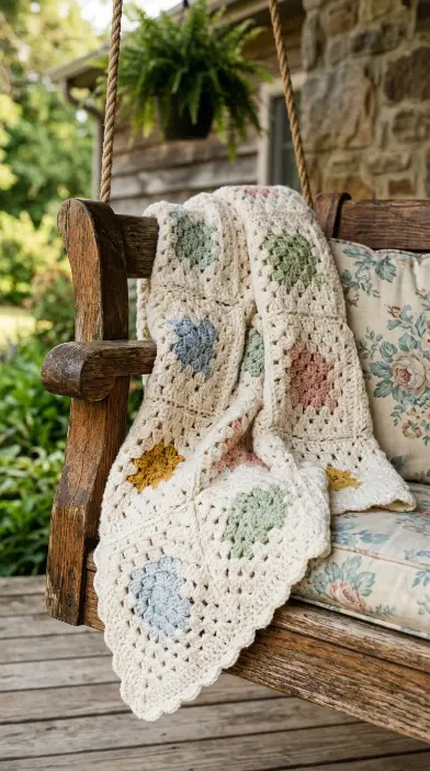16 Summer Cottagecore Porch Swing Sitting Area Ideas 5 5. Handmade Crochet Throw Blanket