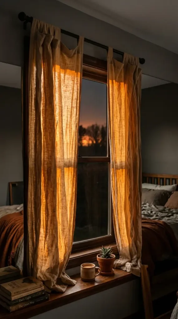 13 Golden Hour Bedroom Aesthetic Evening Ritual Corner Ideas 5 5. Linen Curtains Catching the Last Sunlight