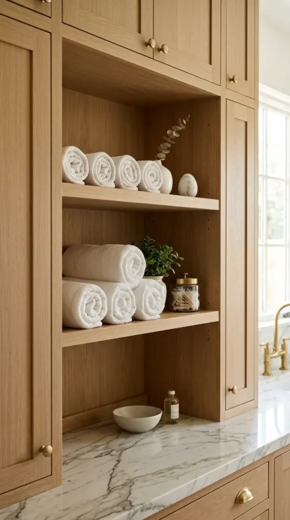 18 Laundry Room Designs Quiet Luxury Marble and Warm Wood Look 5 5. Open Oak Shelving With White Linen and Ceramics