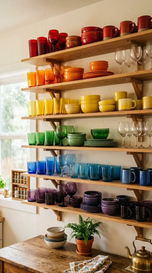 18 Dopamine Kitchen Ideas for a Bold Colorful Space 5 5. Open Shelving Displaying Rainbow-Arranged Dishware