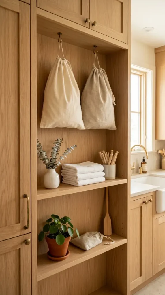 15 Elegant Laundry Room Ideas Warm White Oak Scandinavian Style 5 5. Open White Oak Shelving for Display and Storage
