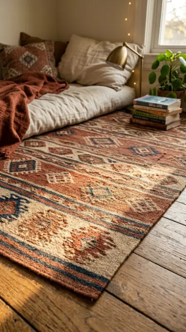 17 Golden Hour Bedroom Aesthetic Boho Floor Cushion Nook Ideas 5 5. Patterned Kilim Rug Underneath