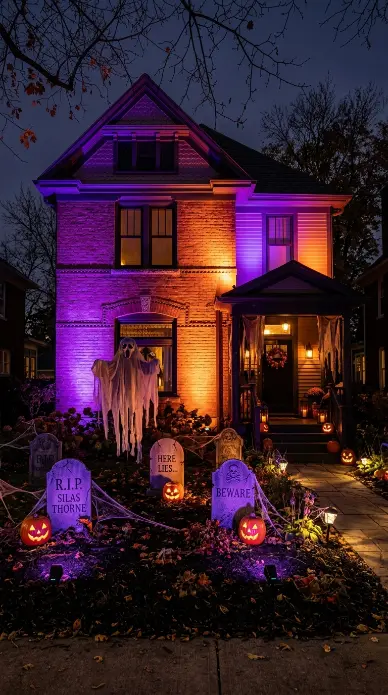 15 Outdoor Halloween Decorations Front Yard Spooky Style 5 5. Purple and Orange Uplighting on the House Facade