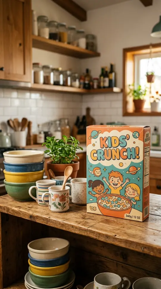 15 Nostalgic Open Shelf Dopamine Kitchen Display Ideas 5 5. Retro Cereal Box Displayed as Shelf Decor