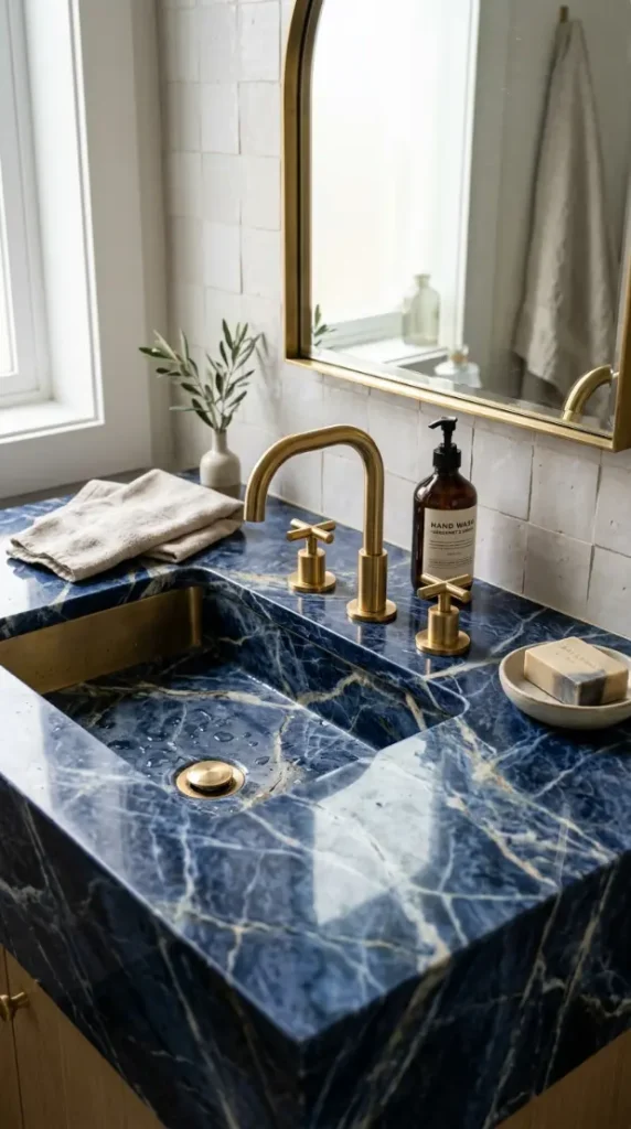 18 Jewel Tone Bathroom Ideas for a Luxurious Space 5 5. Sapphire Blue Vanity Countertop With Veining