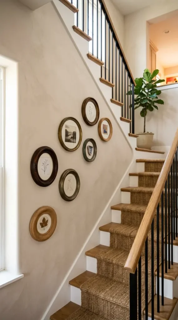 13 Small Thrifted Gallery Wall Ideas for Staircases 5 5. Small Round Frames Alternating With Bare Wall Space