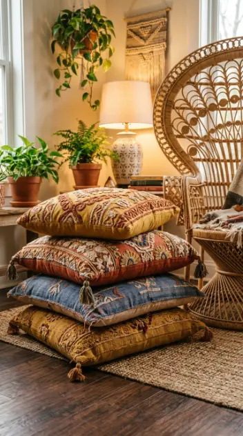 17 Small Reading Nook Cozy Corner Boho Woven Warmth 5 5. Stack of Embroidered Floor Cushions