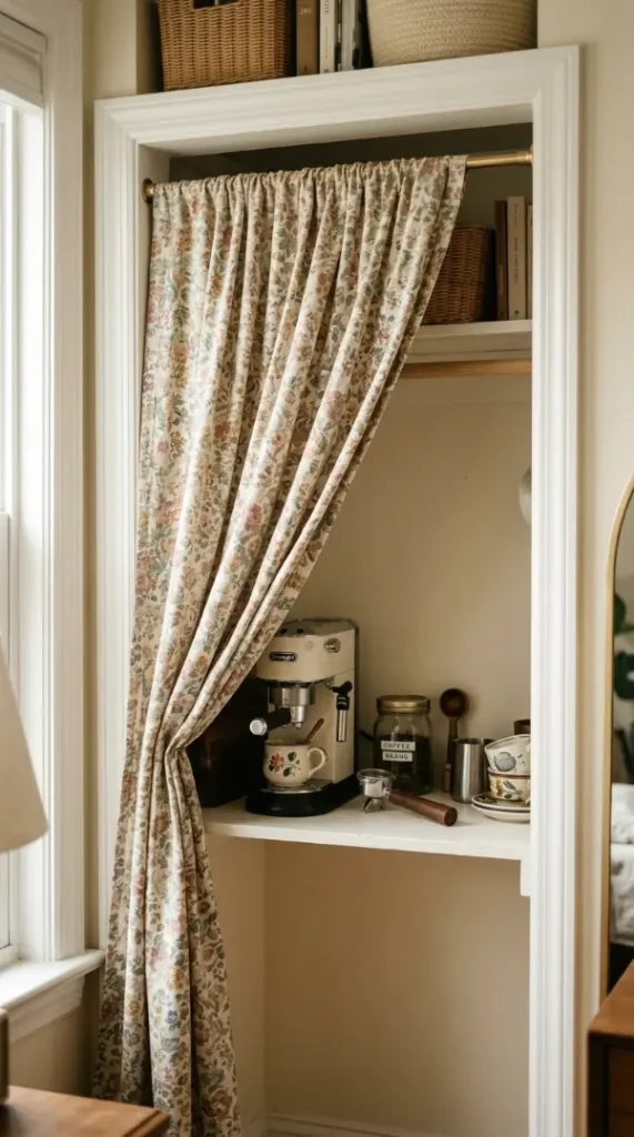 17 Small Space Eclectic Coffee Corner Ideas for Renters 5 5. Tension Rod Curtain Hiding a Closet Coffee Nook