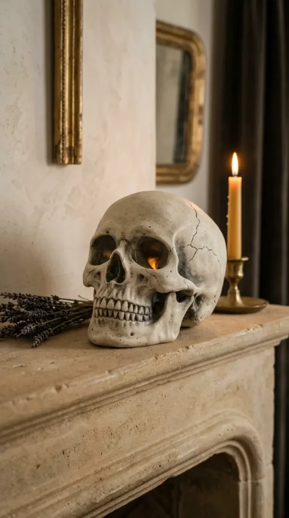 17 Elegant Halloween Mantel Decor French Country Style 5 5. The Aged Bone Ceramic Skull with Patina