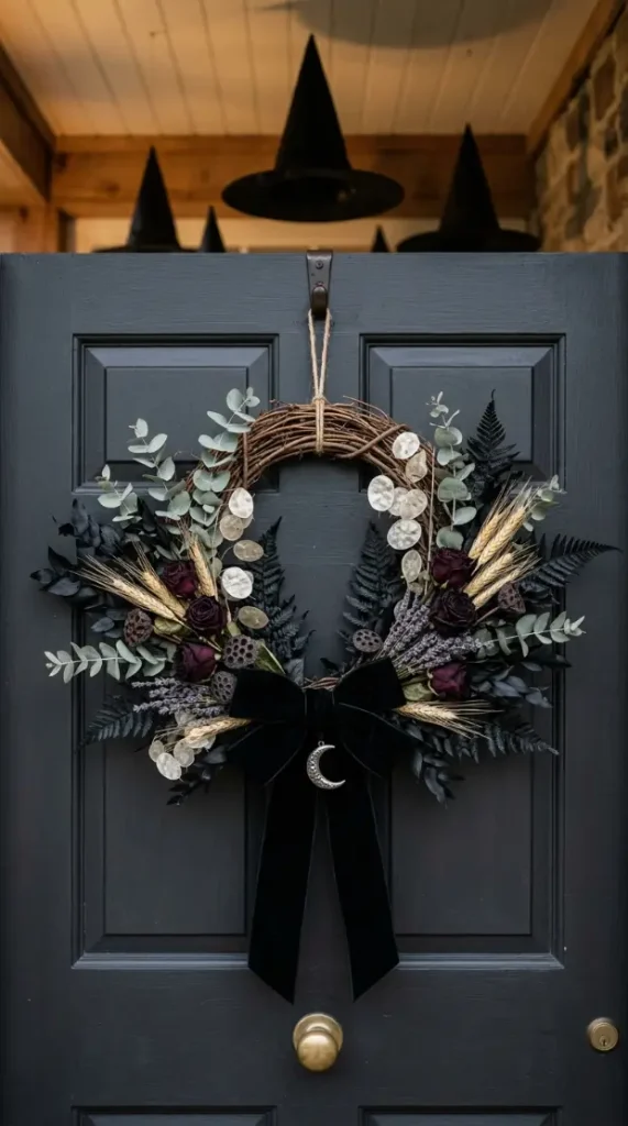 12 Easy Halloween Entryway Decor Witchy Floating Hats Style 5 5. The Dark Botanical Door Wreath
