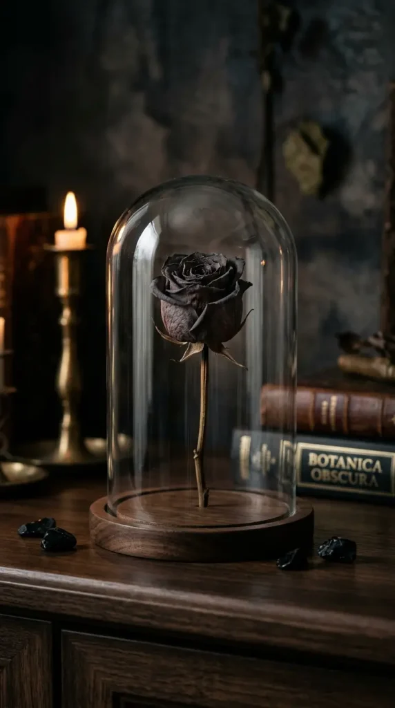 14 Neutral Halloween Decor Gothic Console Table Style 5 5. The Dark Glass Cloche with Single Dried Rose
