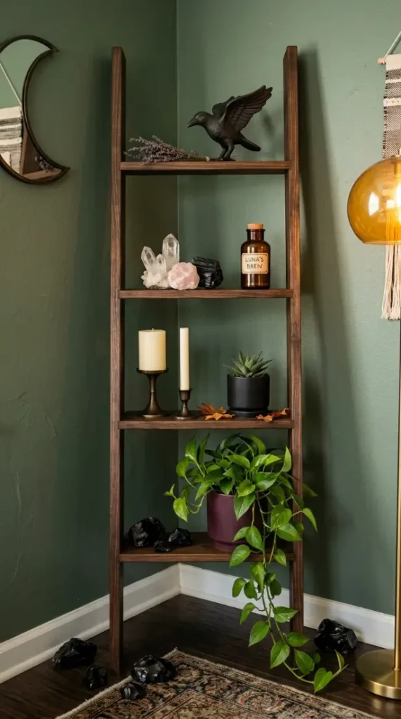 13 Cozy Halloween Decor Witchy Bedroom Corner Style 5 5. The Dark Ladder Shelf with Witchy Styling
