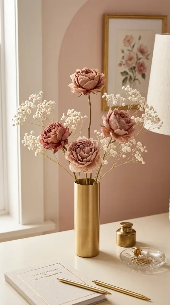 10 Home Office Ideas for Women Coquette Pink Arch Gold Style 5 5. The Dried Peony and Baby's Breath Arrangement