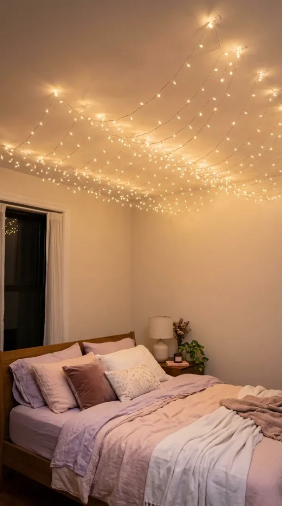24 Apartment Bedroom Decor Pastel Dreamy Feminine Style 5 5. The Fairy Light Ceiling Canopy