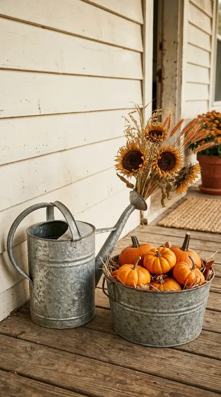 13 Outdoor Halloween Display Farmhouse Harvest Porch Style 5 5. The Galvanized Metal Watering Can and Tub Display